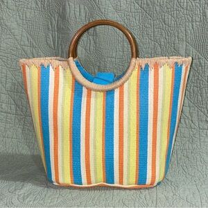 Summer Purse Tote Fabric Bamboo Handle Stripes Colorful Market Shopping